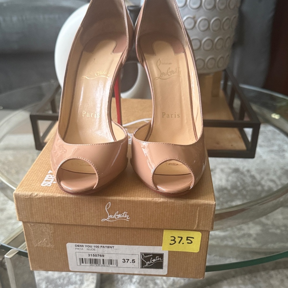 Christian Louboutin Demi You 100 Beige Patent Peep Toe Heels